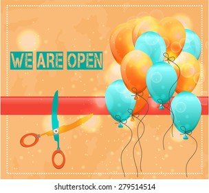 Vintage, advertising card, label, background - scissor cutting red ribbon, text We are open, many red, orange and blue flying balloons, lights, retro design, grunge