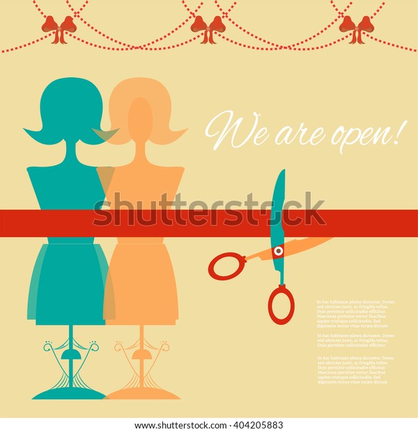 Vintage, advertising card,\
poster, background - scissor cutting red ribbon, text We are open,\
two retro, blue and orange mannequin torso, isolated on beige\
background