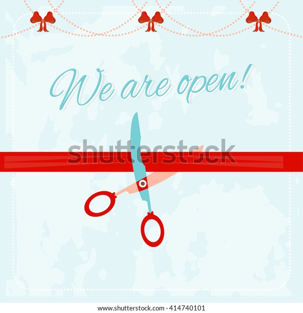Vintage, advertising card -\
scissor cutting red ribbon, text We are open, red bows, retro\
design
