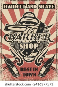 Vintage advertising poster for a barbershop. Template for design. Set of elements for design.