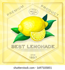 vintage advertising poster of exotic citrus fruits. vector label with yellow ripe lemon, green leaves in retro style. square elegant lemonade sticker. old ad banner with fresh lemons. organic product