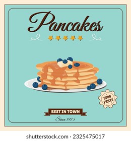Vintage advertising poster with a stack of pancakes with honey, blueberries, butter or maple syrup. Cartoon flat vector illustration. Delicious American brunch.