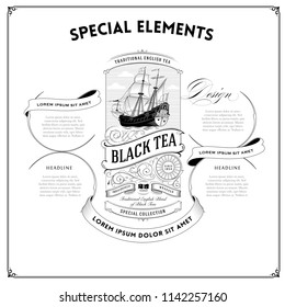 Vintage Advertising Template with Ornate Tea Logo. 