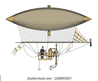 Vintage Aerostat Or Zeppelin, Vector Illustration.