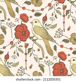 Vintage aesthetic bird boho floral seamless pattern with rose flower