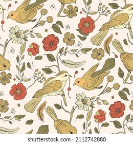 Vintage aesthetic bird boho floral seamless pattern with flower