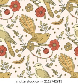 Vintage aesthetic bird boho floral seamless pattern with flower