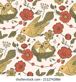 Vintage aesthetic bird nest boho floral seamless pattern with rose flower