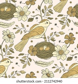 Vintage aesthetic bird nest boho floral seamless pattern with flower