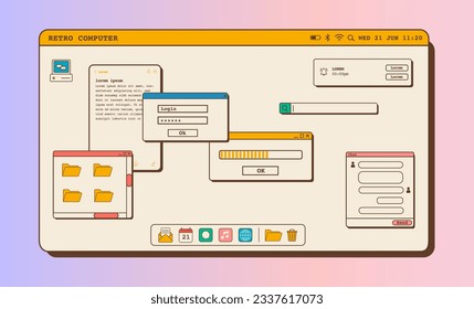 Vintage aesthetic computer desktop page with popup boxes. Vaporwave browser and dialog windows. 80s 90s old style user interface. Nostalgic retro operating system. Vector flat illustration.