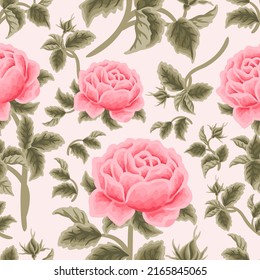 Vintage aesthetic garden pink rose flower vector seamless pattern design for fabric, paper, background decoration, prints, greeting card, or wedding invitation