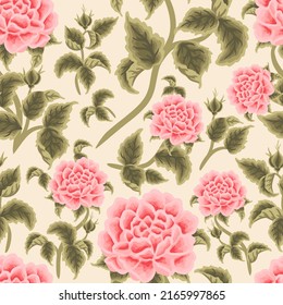 Vintage aesthetic garden pink rose flower vector seamless pattern design for fabric, paper, background decoration, prints, greeting card, or wedding invitation