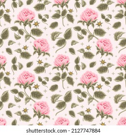 Vintage Aesthetic Hand Drawn Shabby Chic Pink Rose Flower Seamless Pattern