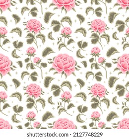 Vintage Aesthetic Hand Drawn Shabby Chic Pink Rose Flower Seamless Pattern