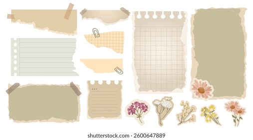 Vintage Aesthetic torn paper notes, lined and grid paper, taped scraps, and floral stickers design set. Perfect for scrapbooking, journaling, social media graphics, and creative.Vector illustration