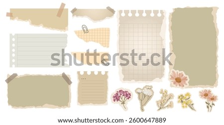 Vintage Aesthetic torn paper notes, lined and grid paper, taped scraps, and floral stickers design set. Perfect for scrapbooking, journaling, social media graphics, and creative.Vector illustration