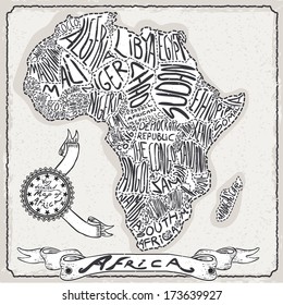 Vintage Africa Map Blackboard. Geographic African Chalk Board Map. Retro Vintage typography Africa. Chalk Handwriting African Map.Vintage Board Background Infographic Vector Image