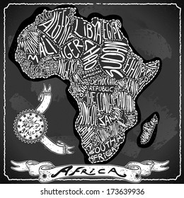 Vintage Africa Map Blackboard. Geographic African Chalk Board Map. Retro Vintage typography Africa. Chalk Handwriting African Map.Vintage Board Background Infographic Vector Image