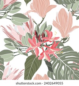 Vintage african seamless pattern.Tropical flowers background. Banksia, protea, magnolia and monstera line illustration.