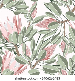 Vintage african seamless pattern.Tropical flowers background. Banksia, protea line illustration.