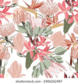 Vintage african seamless pattern.Tropical flowers background. Banksia, protea, strelitzia and leaves line illustration.