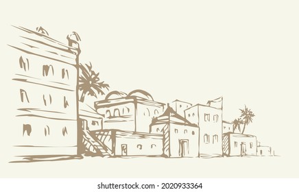 Vintage age egypt cairo orient desert biblic wall palm tree oasis scene text place white sky scenic view. Outline hand draw asian iran oman symbol sketch retro graphic line cartoon art vector style