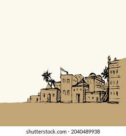 Vintage age egypt cairo orient desert biblic wall palm tree oasis scene text place white sky scenic view. Outline hand draw asian iran oman symbol sketch retro graphic line cartoon art vector style