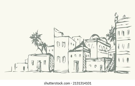 Vintage age egypt cairo orient desert biblic wall palm tree oasis scene text place white sky scenic view. Outline hand draw asian iran oman symbol sketch retro graphic line cartoon art vector style