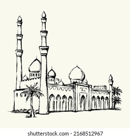 Vintage age egypt cairo orient desert church wall palm tree oasis scene text place white sky scenic view. Outline hand draw asian iran oman symbol sketch retro graphic line cartoon art vector style