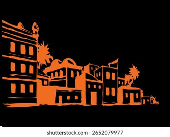 Antiguas Edad Egipto El Cairo Oriente Desierto Pared bíblica Palmera Oasis Escena Texto Lugar Blanco Vista panorámica del cielo. Dibujo a mano asiático iran oman symbol sketch línea gráfica retro estilo de Vector de arte de dibujos animados