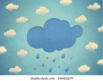 Vintage aged card with rainy clouds in the sky