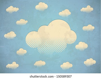 Vintage aged card with white clouds in the sky