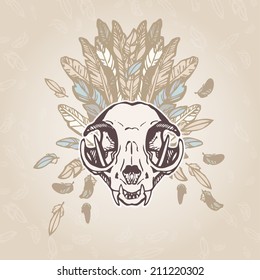 Vintage aged cat skull on a flowers background. Vector illustration, EPS 10. Contains transparent objects