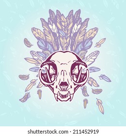 Vintage aged cat skull on a plumage background. Vector illustration, EPS 10. Contains transparent objects