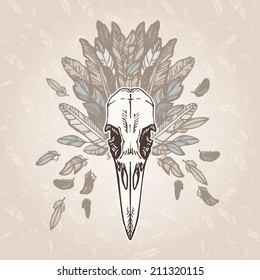 Vintage aged crow skull on a plumage background. Vector illustration, EPS 10. Contains transparent objects