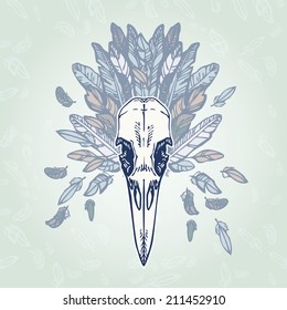 Vintage aged crow skull on a plumage background. Vector illustration, EPS 10. Contains transparent objects