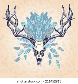 Vintage aged deer skull on a plumage background. Vector illustration, EPS 10. Contains transparent objects