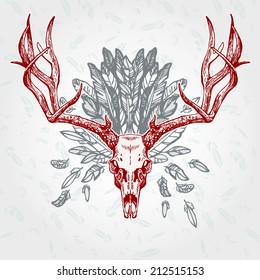 Vintage aged deer skull on a plumage background. Vector illustration, EPS 10. Contains transparent objects