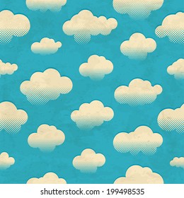 Vintage aged seamless pattern with big clouds in the sky