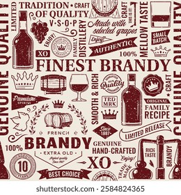 Vintage aged worn brandy seamless pattern or background. Brandy and distillery icons, branding and design elements