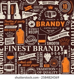 Vintage aged worn brandy seamless pattern or background. Brandy and distillery icons, branding and design elements