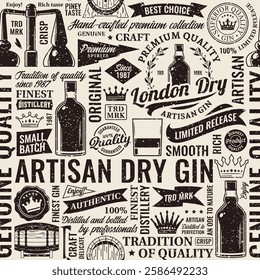 Vintage aged worn dry gin seamless pattern or background. Gin and distillery icons, branding and design elements