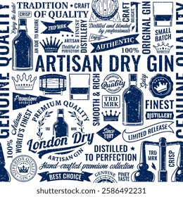 Vintage aged worn gin seamless pattern or background. Gin and distillery icons, branding and design elements