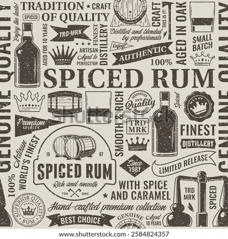 Vintage aged worn rum seamless pattern or background. Rum and distillery icons, branding and design elements