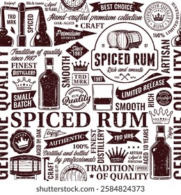 Vintage aged worn spiced rum seamless pattern or background. Rum and distillery icons, branding and design elements