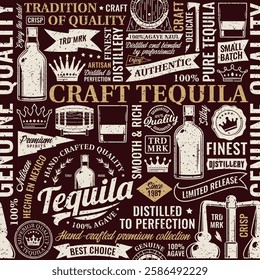 Vintage aged worn tequila seamless pattern or background. Tequila and distillery icons, branding and design elements