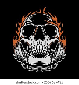 Vintage Aggresive skull, Barbell fitness illustration