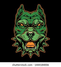 Vintage aggressive light colorful pitbull head on dark background isolated vector illustration