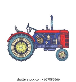 Vintage agricultural tractor, sketch. Hand drawn Vector illustration