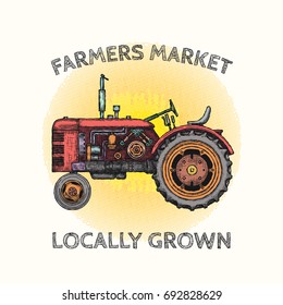 Vintage agricultural tractor, sketch. Hand drawn Vector illustration